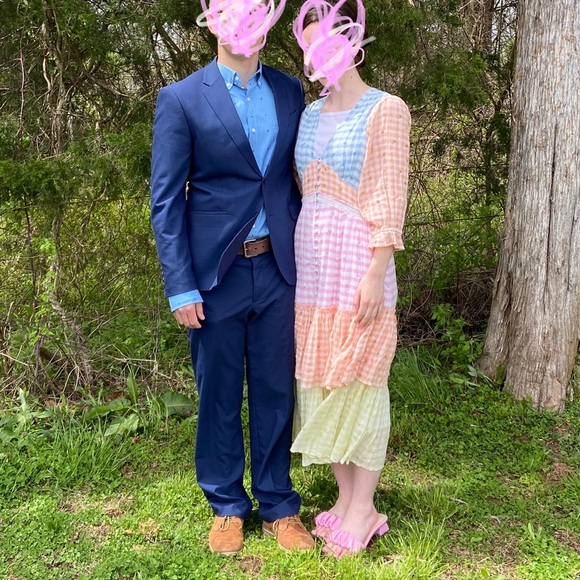 LoveShackFancy plaid tiered midi dress with pink, orange and yellow rosebuds - Picture 1 of 8